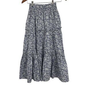 O.p.t Womens Extra Small XS Midi Skirt Blue White Floral Cotton Casual NWT New